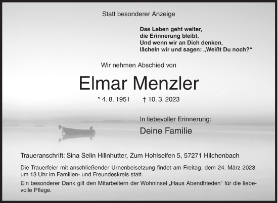 Traueranzeige von Elmar Menzler von Siegener Zeitung