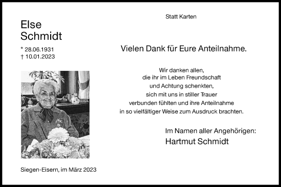 Traueranzeige von Else Schmidt von Siegener Zeitung
