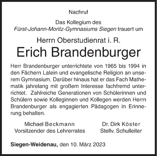 Traueranzeige von Erich Brandenburger von Siegener Zeitung