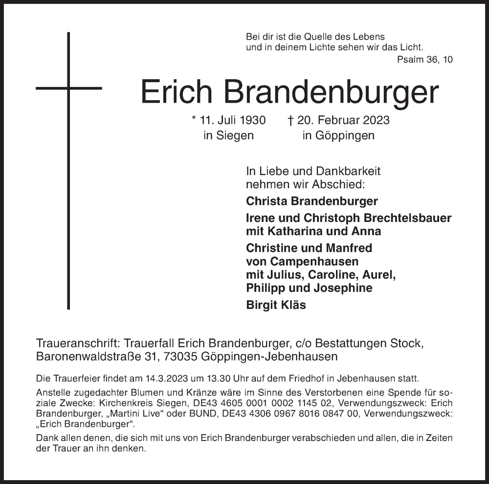  Traueranzeige für Erich Brandenburger vom 07.03.2023 aus Siegener Zeitung