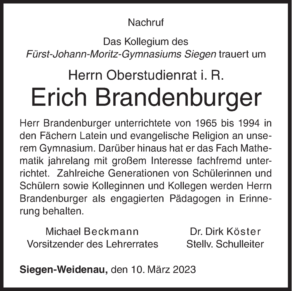  Traueranzeige für Erich Brandenburger vom 11.03.2023 aus Siegener Zeitung
