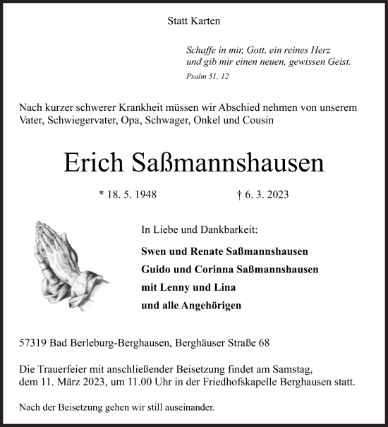 Traueranzeige von Erich Saßmannshausen von Siegener Zeitung