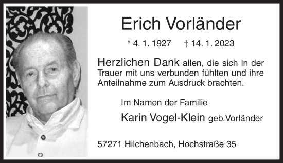 Traueranzeige von Erich Vorländer von Siegener Zeitung