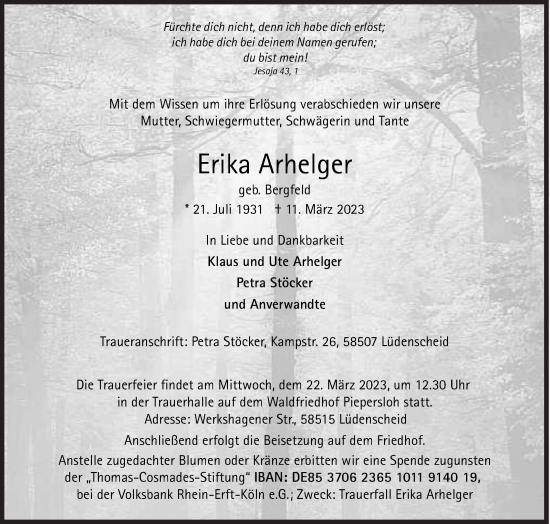 Traueranzeige von Erika Arhelger von Siegener Zeitung