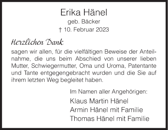 Traueranzeige von Erika Hänel von Siegener Zeitung