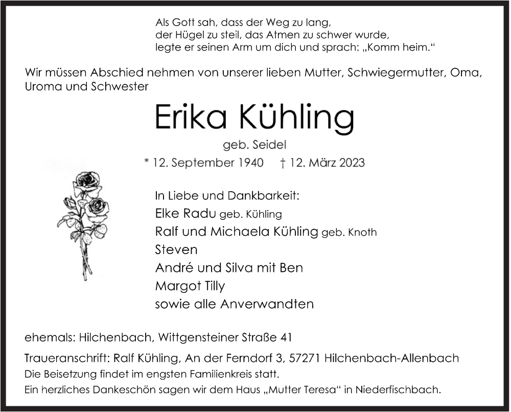  Traueranzeige für Erika Kühling vom 17.03.2023 aus Siegener Zeitung