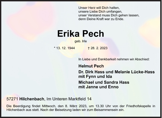 Traueranzeige von Erika Pech von Siegener Zeitung