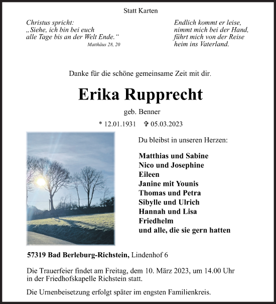 Traueranzeige von Erika Rupprecht von Siegener Zeitung