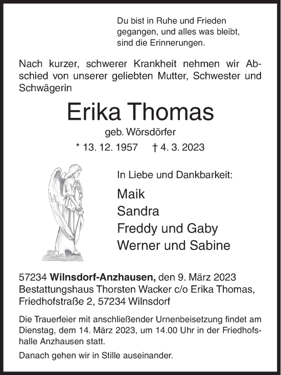 Traueranzeige von Erika Thomas von Siegener Zeitung