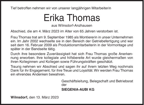 Traueranzeige von Erika Thomas von Siegener Zeitung