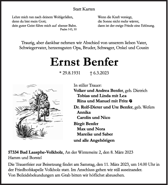 Traueranzeige von Ernst Benfer von Siegener Zeitung