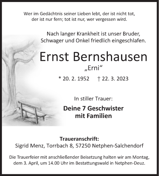 Traueranzeige von Ernst Bernshausen von Siegener Zeitung