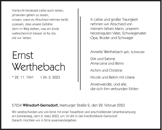 Traueranzeige von Ernst Werthebach von Siegener Zeitung