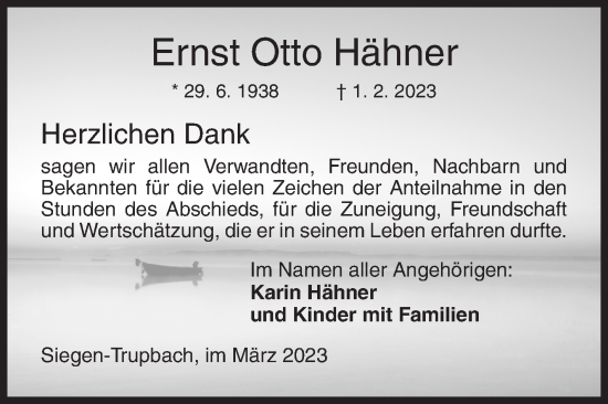 Traueranzeige von Ernst Otto Hähner von Siegener Zeitung