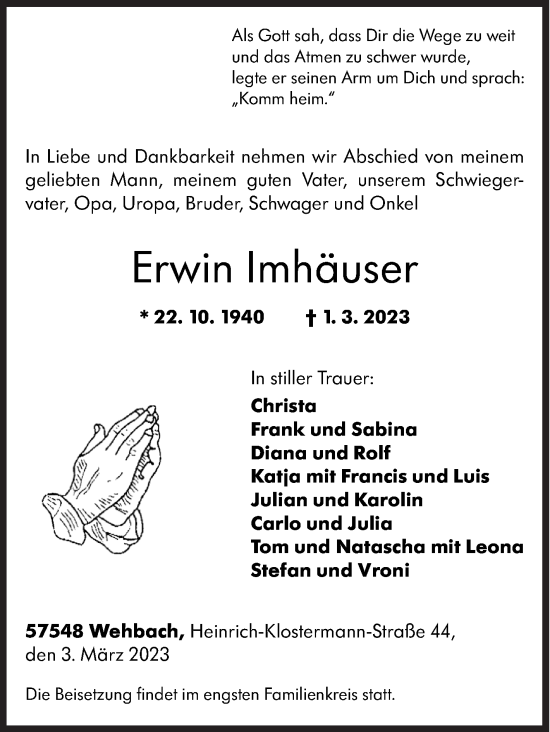Traueranzeige von Erwin Imhäuser von Siegener Zeitung