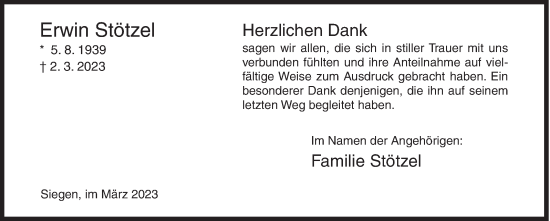 Traueranzeige von Erwin Stötzel von Siegener Zeitung