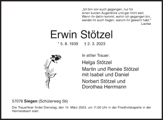 Traueranzeige von Erwin Stötzel von Siegener Zeitung