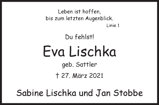 Traueranzeige von Eva Lischka von Siegener Zeitung