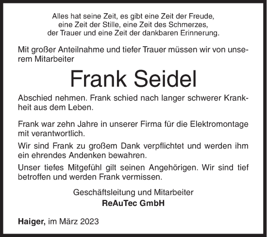 Traueranzeige von Frank Seidel von Siegener Zeitung