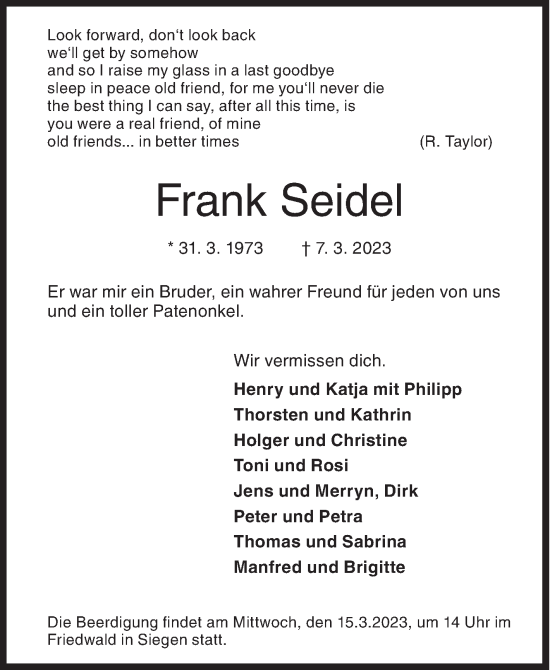Traueranzeige von Frank Seidel von Siegener Zeitung
