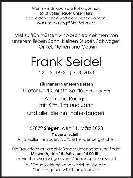 Traueranzeige von Frank Seidel von Siegener Zeitung