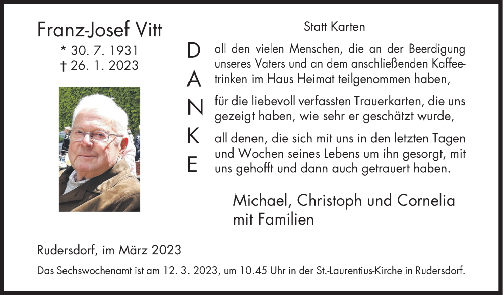  Traueranzeige für Franz-Josef Vitt vom 11.03.2023 aus Siegener Zeitung