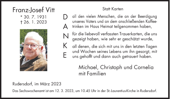 Traueranzeige von Franz-Josef Vitt von Siegener Zeitung
