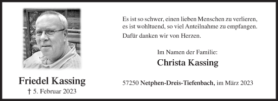 Traueranzeige von Friedel Kassing von Siegener Zeitung