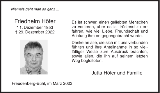 Traueranzeige von Friedhelm Höfer von Siegener Zeitung