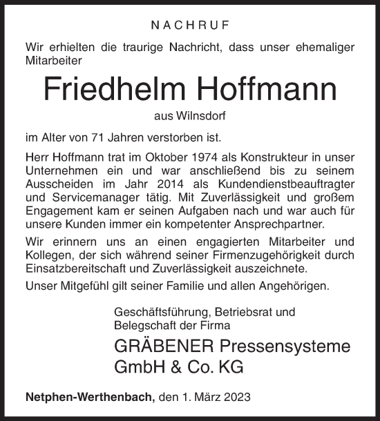 Traueranzeige von Friedhelm Hoffmann von Siegener Zeitung