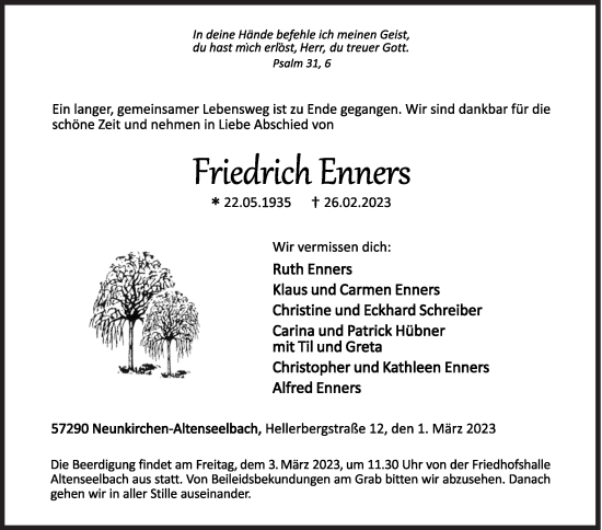 Traueranzeige von Friedrich Enners von Siegener Zeitung