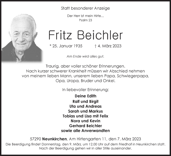 Traueranzeige von Fritz Beichler von Siegener Zeitung