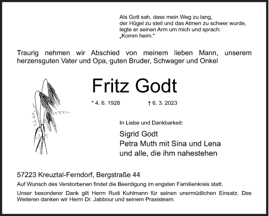 Traueranzeige von Fritz Godt von Siegener Zeitung