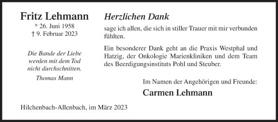 Traueranzeige von Fritz Lehmann von Siegener Zeitung