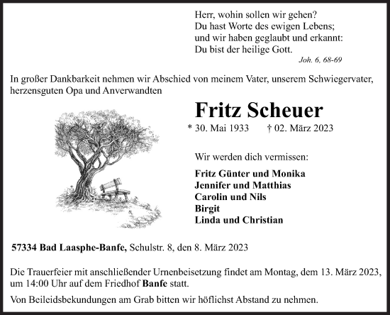 Traueranzeige von Fritz Scheuer von Siegener Zeitung