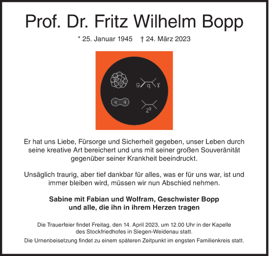 Traueranzeige von Fritz Wilhelm Bopp von Siegener Zeitung