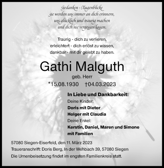 Traueranzeige von Gathi Malguth von Siegener Zeitung