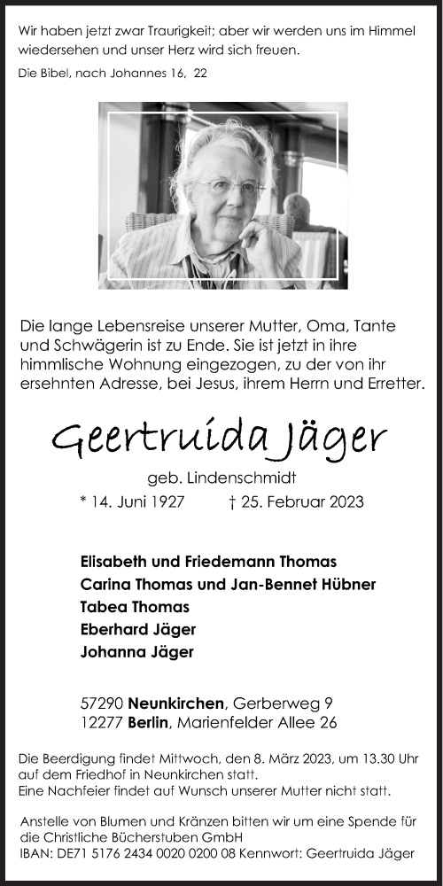 Traueranzeige von Geertruida Jäger von Siegener Zeitung