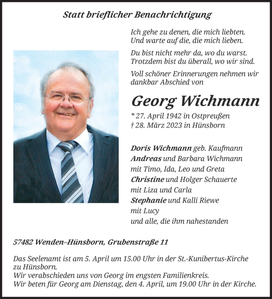 Traueranzeige von Georg Wichmann von Siegener Zeitung