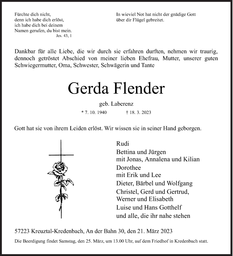  Traueranzeige für Gerda Flender vom 21.03.2023 aus Siegener Zeitung