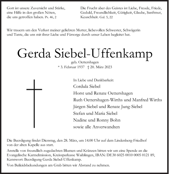 Traueranzeige von Gerda Siebel-Uffenkamp von Siegener Zeitung