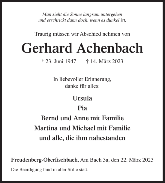 Traueranzeige von Gerhard Achenbach von Siegener Zeitung