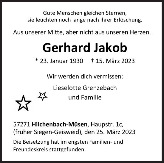 Traueranzeige von Gerhard Jakob von Siegener Zeitung