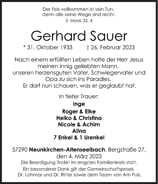 Traueranzeige von Gerhard Sauer von Siegener Zeitung