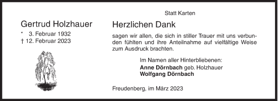 Traueranzeige von Gertrud Holzhauer von Siegener Zeitung