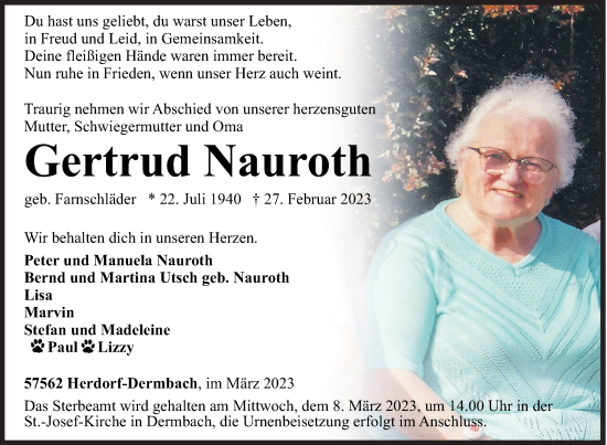 Traueranzeige von Gertrud Nauroth von Siegener Zeitung