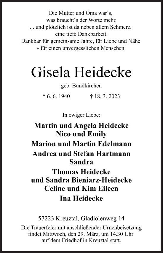 Traueranzeige von Gisela Heidecke von Siegener Zeitung