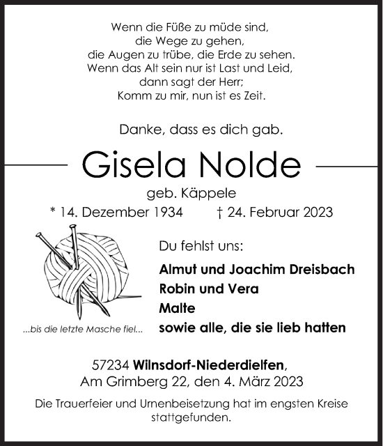 Traueranzeige von Gisela Nolde von Siegener Zeitung