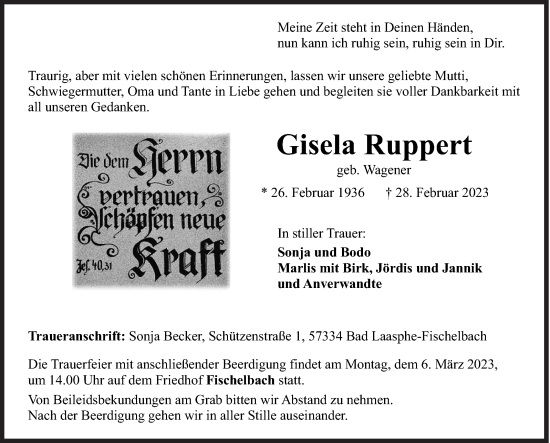 Traueranzeige von Gisela Ruppert von Siegener Zeitung
