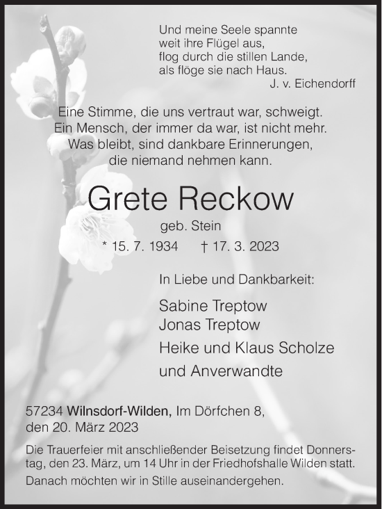 Traueranzeige von Grete Reckow von Siegener Zeitung